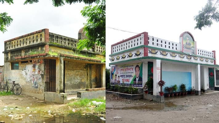 A public toilet in front of Martyred Intellectuals Memorial in Rayer Bazar area of Dhaka is now an office of 34 ward Awami League.  The pictures were taken on 26 July 2015 (L) and 4 July 2018 (R) by Abdus Salam.