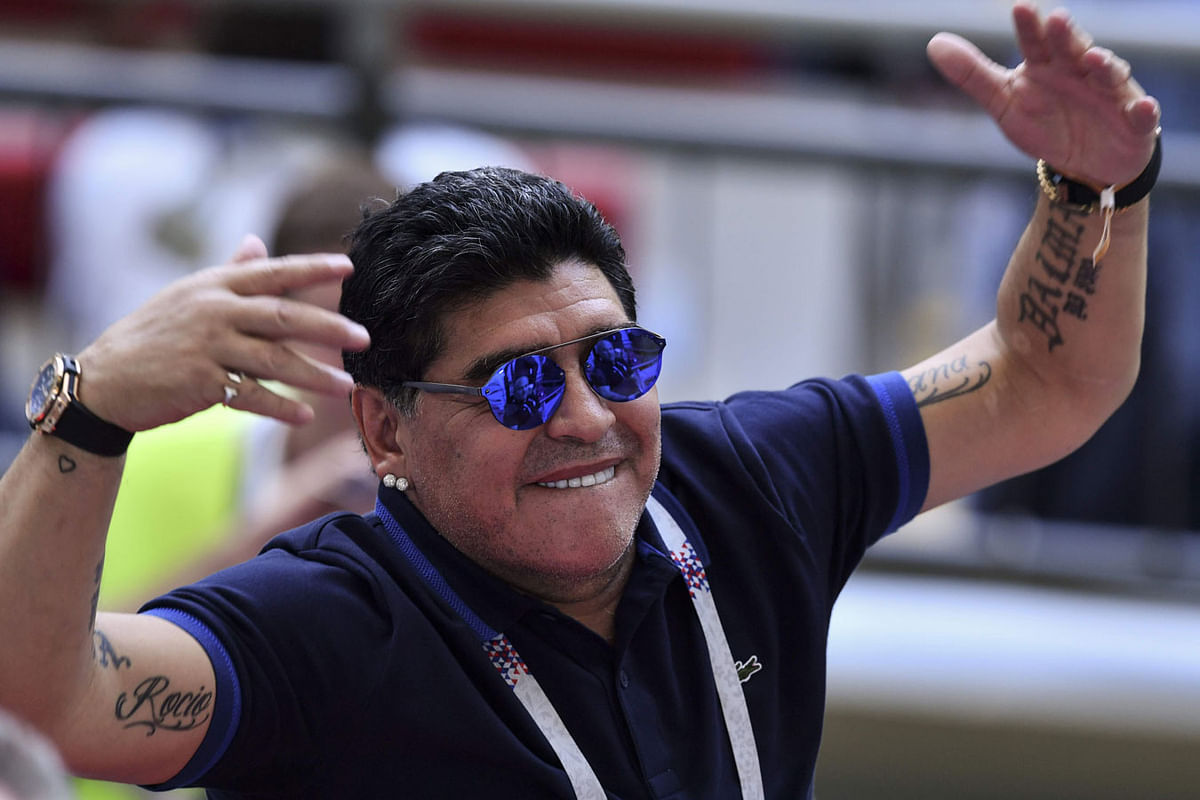 Argentinian former football player Diego Armando Maradona reacts during the Russia 2018 World Cup round of 16 football match between France and Argentina at the Kazan Arena in Kazan on 30 June 2018. Photo: AFP