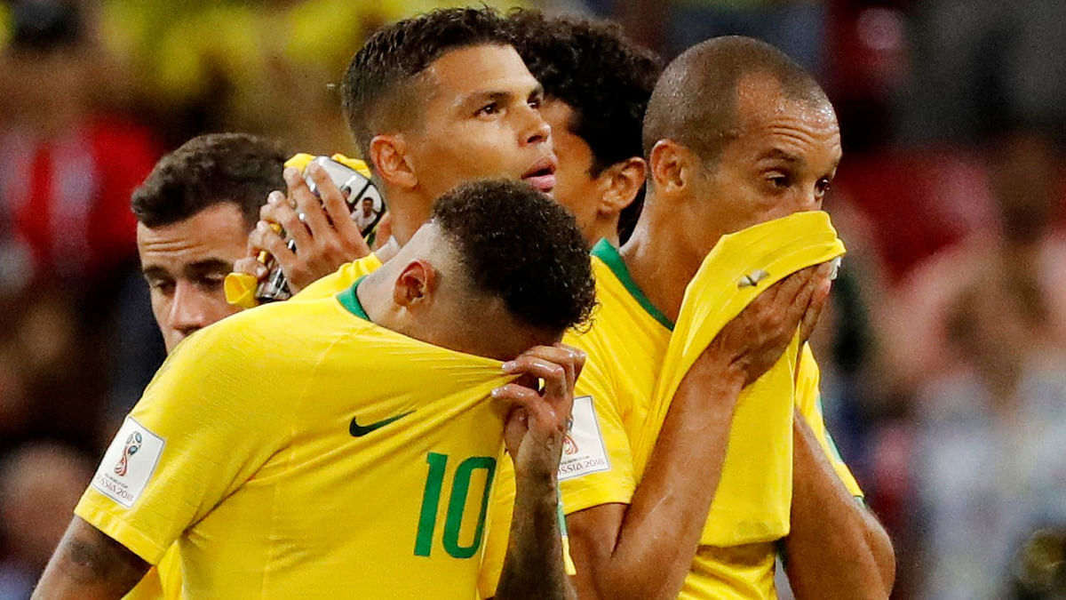 Brazil`s Neymar reacts during the quarter-final against Belgium in Russia’s Kazan Area on 6 July, 2018