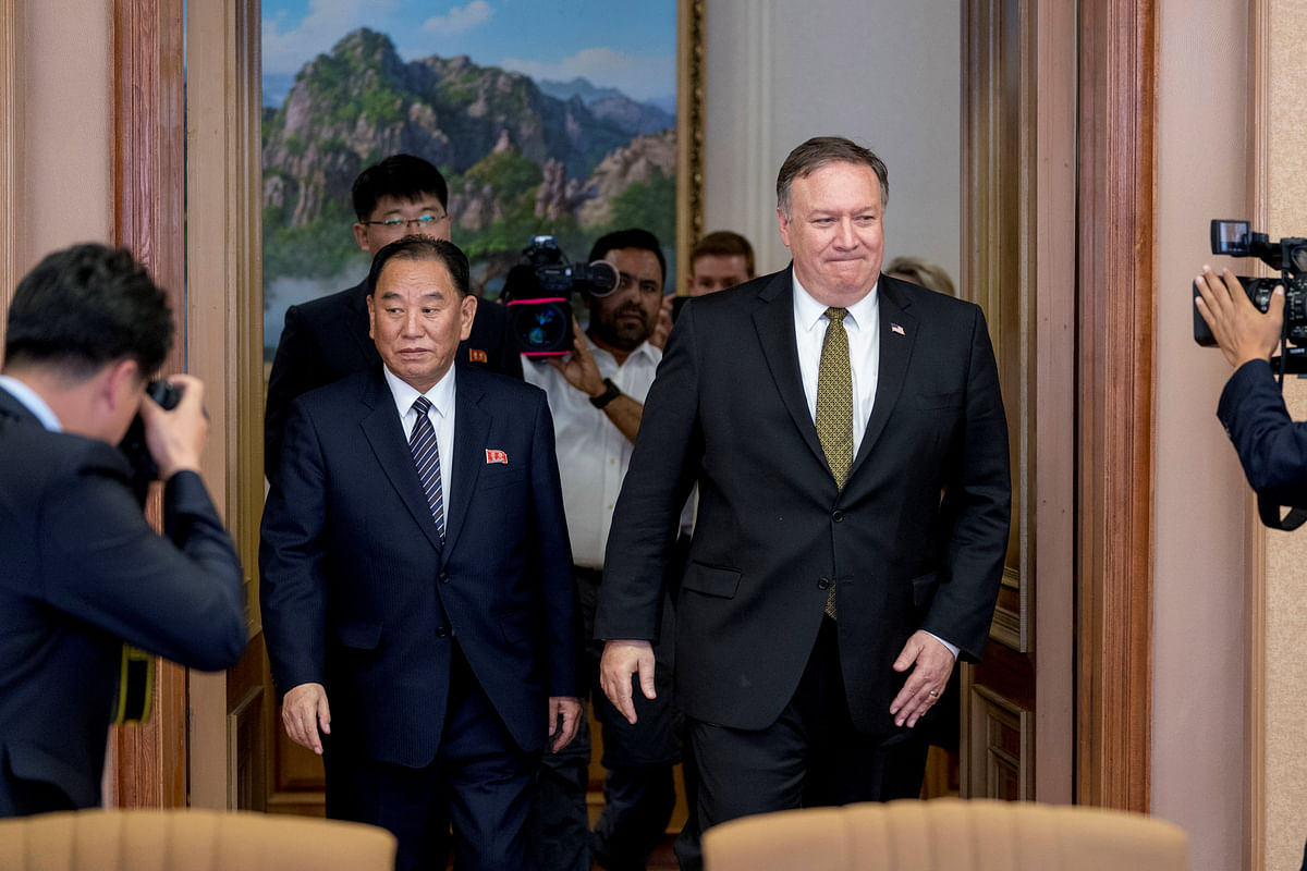US secretary of state Mike Pompeo and Kim Yong Chol, a North Korean senior ruling party official and former intelligence chief, return to discussions after a break at Park Hwa Guest House in Pyongyang, North Korea on 7 July 2018. Photo: Reuters
