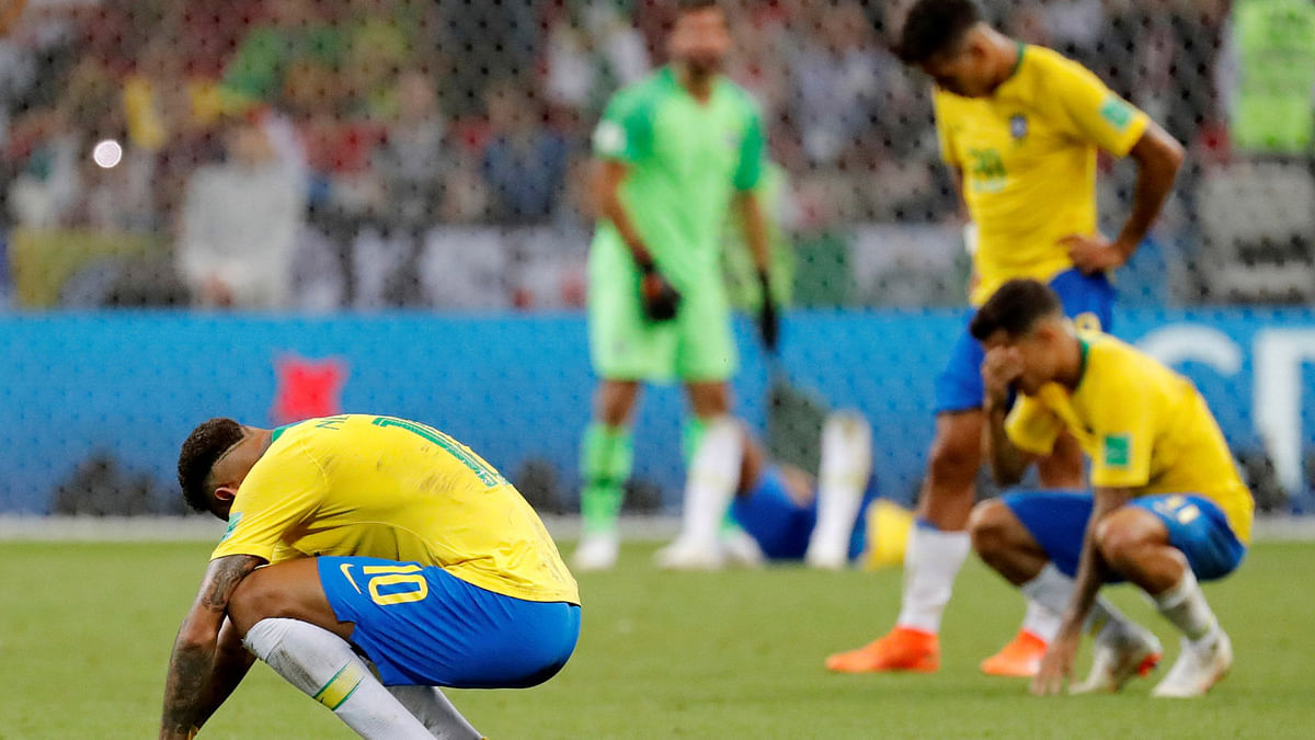 Brazil players Neymar, Miranda and team mates look dejected at the end of the Quarter Final match against Belgium at Kazan Arena, Kazan, Russia on 6 July 2018. Photo: Reuters