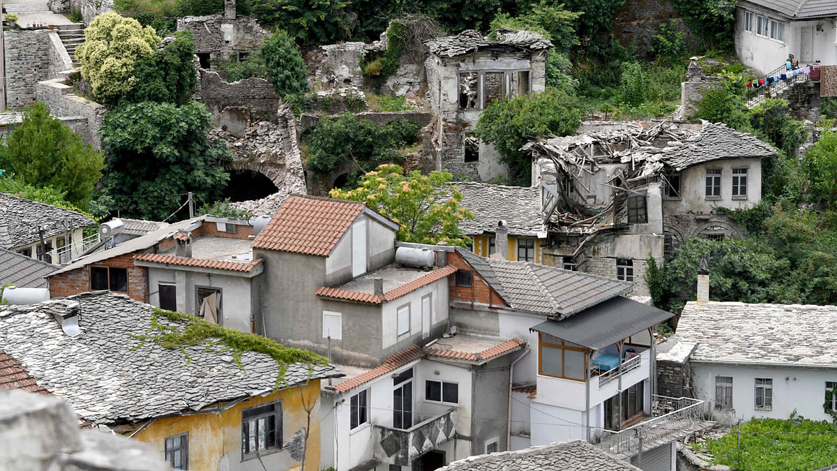 General view of the ruins of the Lolomani house, in the UNESCO protected city of Gjirokastra on 15 June 2018. The Lolomani dwelling, formerly the home of the Ottoman period family of that name, was once an impressive sight in the mountainside town of Gjirokastra in southern Albania. Photo: AFP