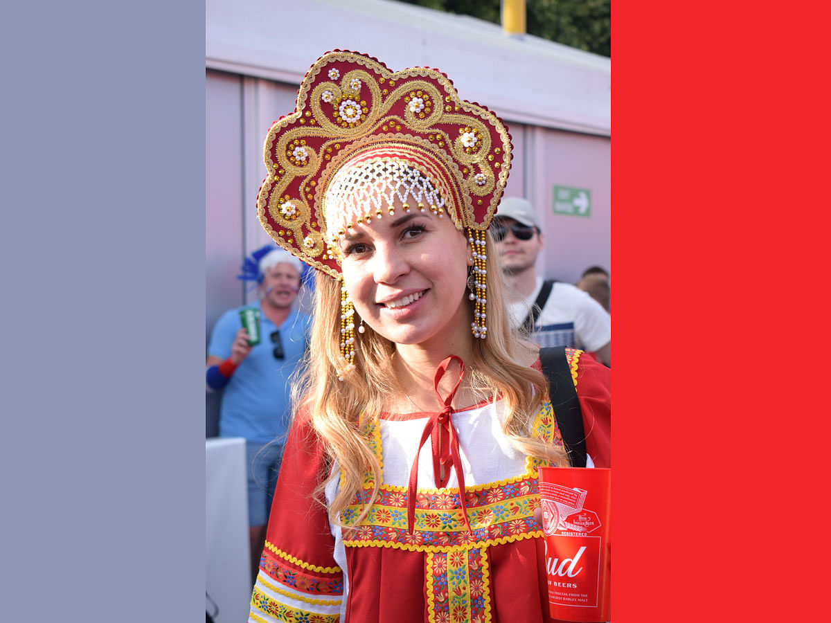 A Russian fan all dolled up before their group match with Uruguay. Photo : Quamrul Hassan