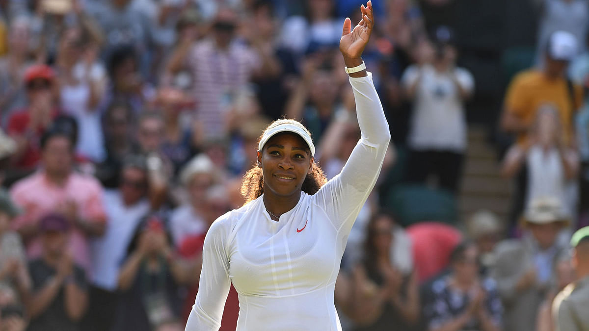 US Tennis player Serena Williams celebrates after beating France`s Kristina Mladenovic 7-5, 7-6 in their women`s singles third round match on the fifth day of the 2018 Wimbledon Championships at The All England Lawn Tennis Club in Wimbledon, southwest London, on 6 July 2018. Photo: AFP