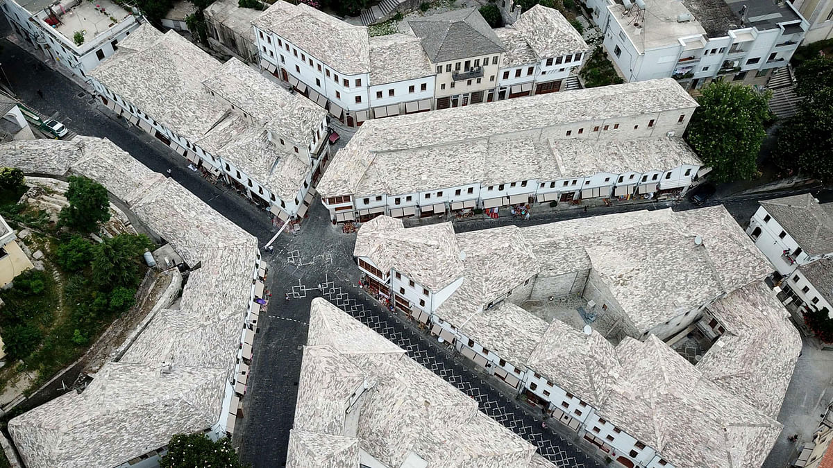 An ariel view of the old bazaar part of the UNESCO protected city of Gjirokastra on 15 June 2018. Photo: AFP