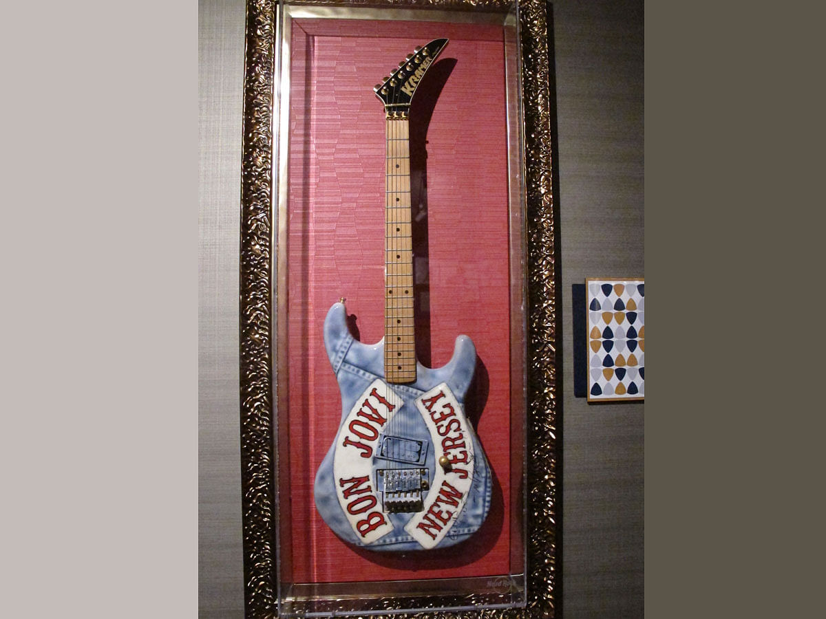 This 5 July 2018 photo shows the guitar played by Bon Jovi guitarist Richie Sambora during the band`s `New Jersey` tour from 1988 to 1990, part of a large collection of music memorabilia on display at the Hard Rock casino in Atlantic City, New Jersey. Photo: AP