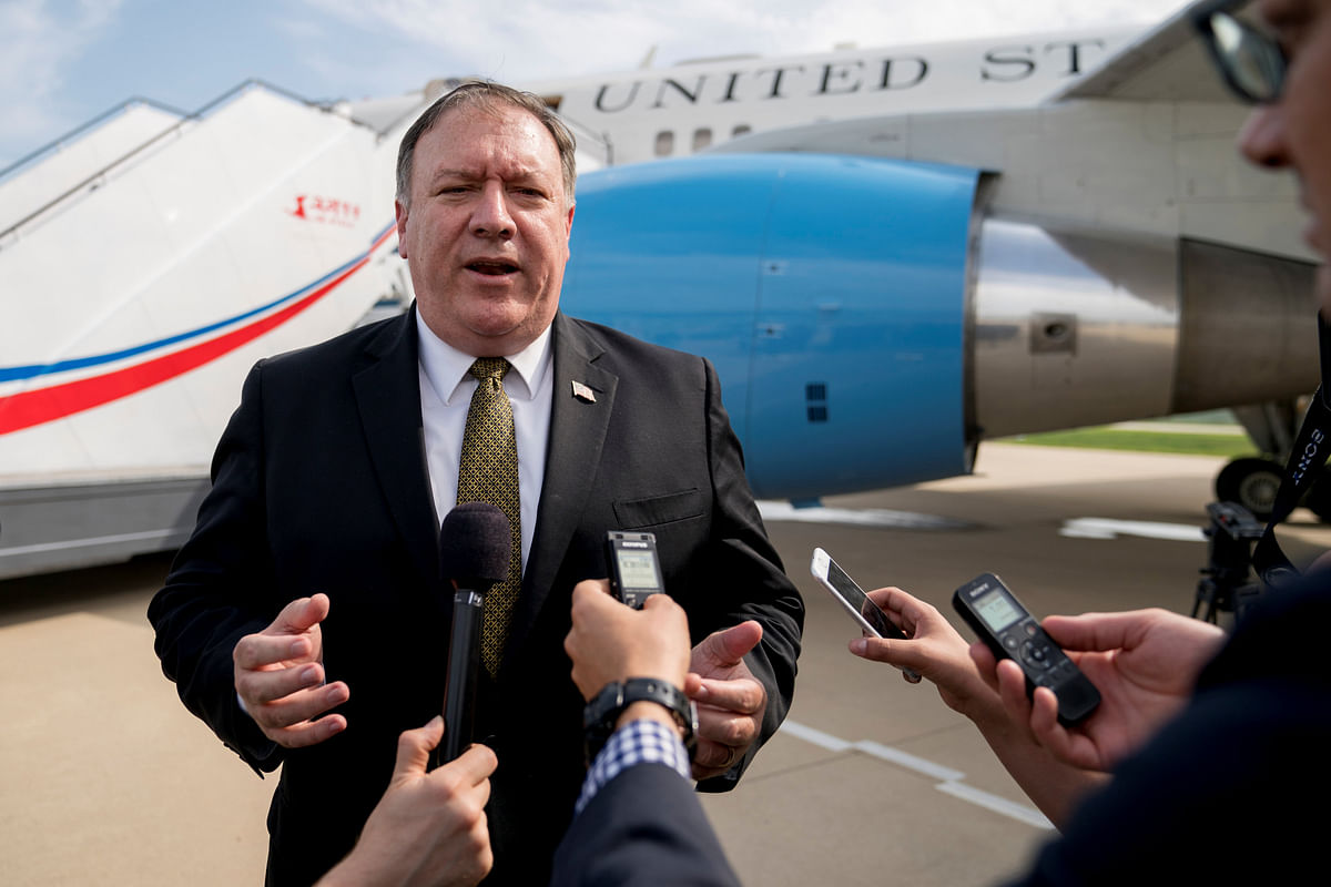 US Secretary of State Mike Pompeo speaks to members of the media following two days of meetings with Kim Yong Chol, a North Korean senior ruling party official and former intelligence chief, before boarding his plane at Sunan International Airport in Pyongyang, North Korea, on 7 July 2018, to travel to Japan. Photo: Reuters