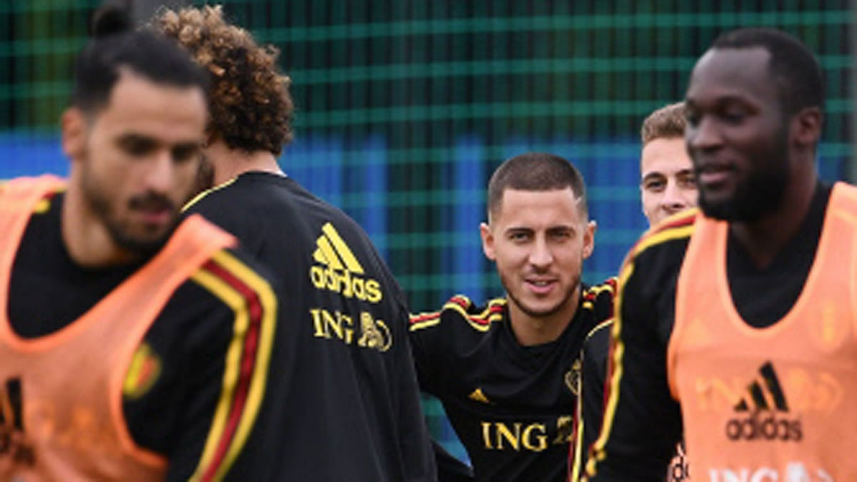 Belgium`s forward Eden Hazard (L) takes part in a training session at the Guchkovo Stadium in Dedovsk, outside Moscow, on 9 July 2018, on the eve of their Russia 2018 World Cup semi-final football match against France. -- AFP
