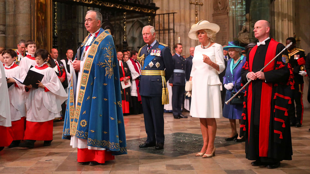 Britain`s Queen Elizabeth, prince Charles and Camilla, Duchess of Cornwall wait in Westminster Abbey for a service to mark the centenary of the Royal Air Force (RAF), in central London, Britain on 10 July 2018. Photo: Reuters