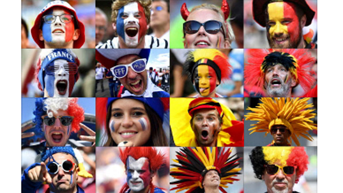 This combination of photos created on 9 July 2018 shows France and Belgium`s fans supporting their team during the Russia 2018 World Cup football tournament. France and Belgium face each other on 10 July 2018 in Saint Petersburg for the Russia 2018 World Cup semi-final football match. -- AFP