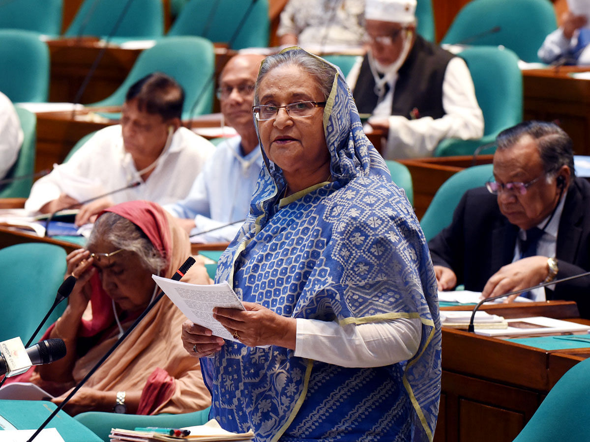 Awami League president Sheikh Hasina speaks in parliament on Wednesday. Photo: BSS