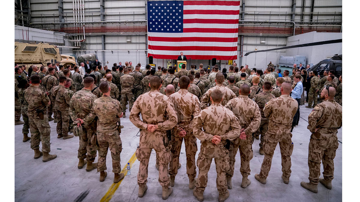 US Secretary of State Mike Pompeo speaks to the coalition forces at Bagram Air Base, Afghanistan 9 July 2018. Photo: Reuters