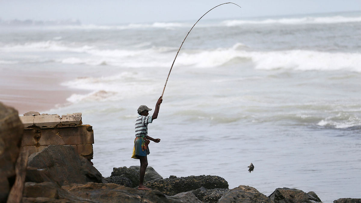A man catches fish from the sea while standing on rocks in Colombo, Sri Lanka on 28 June 2018. Photo: Reuters