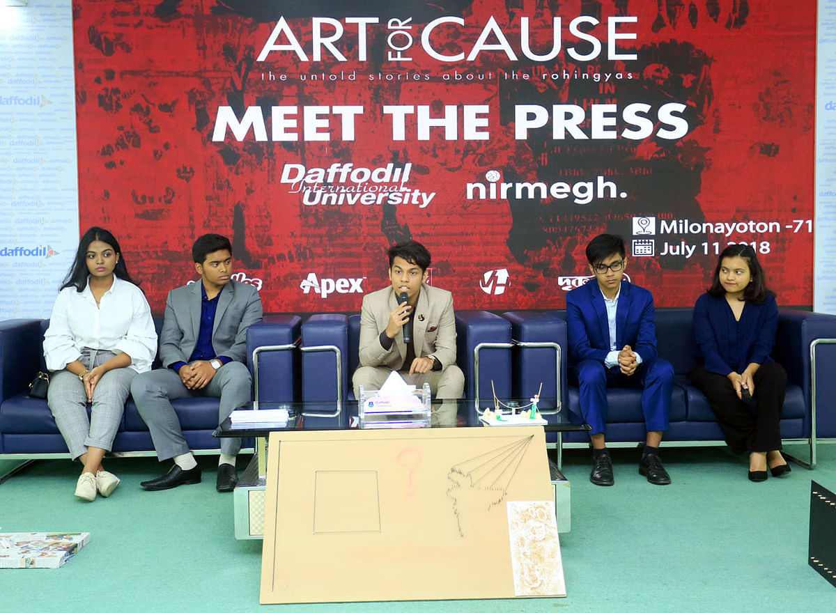 Art for Cause president Shadab Naveed speaking at the meet the press programme on 3-day art exhibition titled ‘The untold stories about the Rohingyas’ in the capital