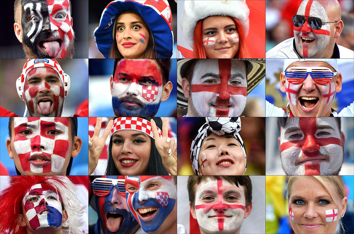 This combination of photos created on July 9, 2018 shows Croatia and England`s fans supporting their team during the Russia 2018 World Cup football tournament. Croatia and England will face each other on July 11, 2018 in Moscow for the Russia 2018 World Cup semi-final football match. AFP