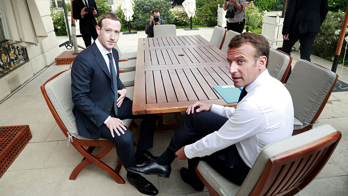 Facebook`s founder and CEO Mark Zuckerberg meets with French president Emmanuel Macron at the Elysee Palace after the `Tech for Good` summit, in Paris, France on 23 May 2018. Photo: Reuters
