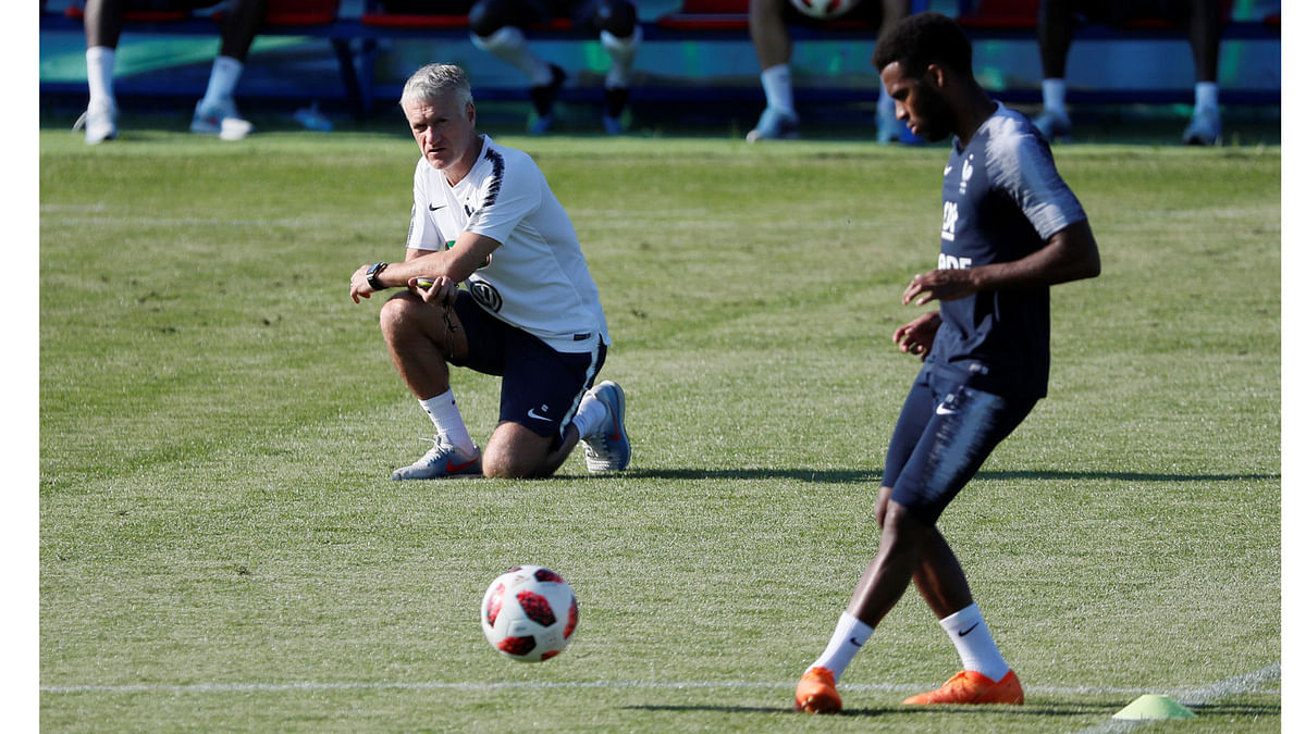 France coach Didier Deschamps during training on12 uly 2018. Photo: Reuters