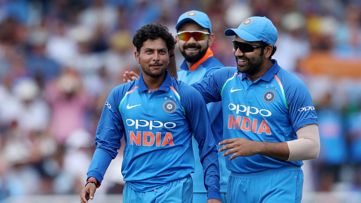 India`s Kuldeep Yadav celebrates taking the wicket of England`s David Willey in the First One Day International at Trent Bridge, Nottingham, Britain on 12 July 2018. Photo: Reuters