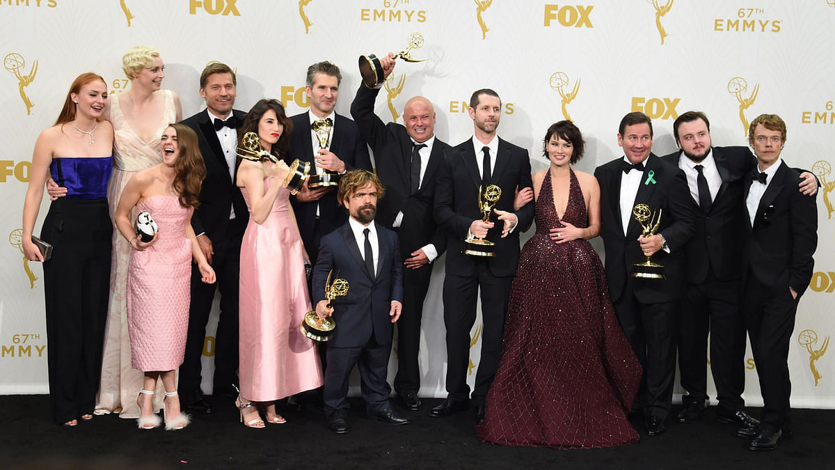 This 20 September, 2015 file photo shows winners of the award for Outstanding Drama Series for `Game of Thrones` in the Press Room during the 67th Emmy Awards at the Microsoft Theater in Los Angeles, California. Photo: AFP