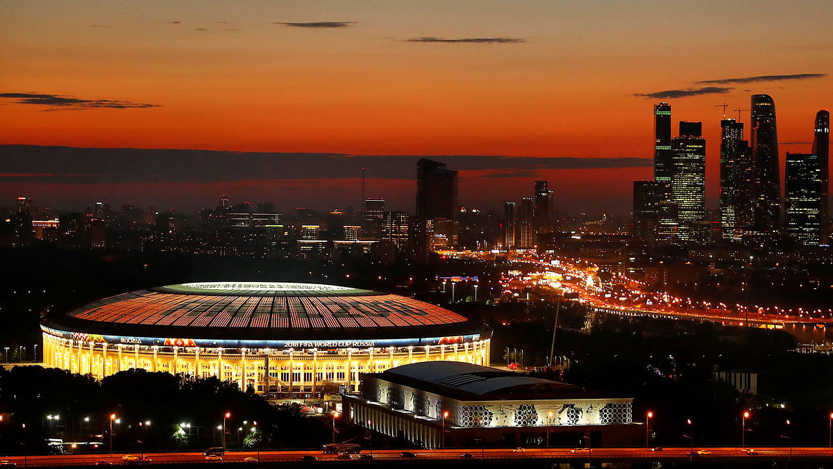 The Luzhniki stadium is illuminated prior to the upcoming World Cup final between France and Croatia in Moscow 12 July 2018. Photo: Reuters