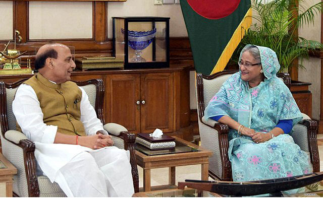 Visiting Indian home minister Rajnath Singh meets prime minister Sheikh Hasina at her official residence Ganabhaban on Saturday. Photo: PMO
