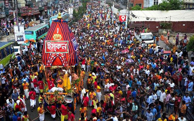 The Dhaka branch of The International Society for Krishna Consciousness (ISKON) brings out a colourful procession from Swamibag temple to celebrate Ratha Yatra on Saturday. Photo: UNB