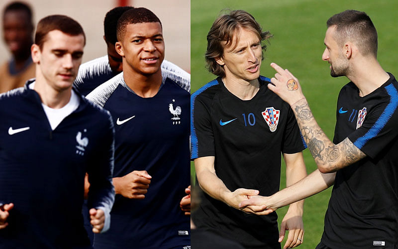 France`s Kylian Mbappe during training at Luzhniki Training Field, Moscow, Russia on 14 July 2018. Croatia`s Luka Modric and Marcelo Brozovic during training at Luzhniki Training Field, Moscow, Russia on 14 July 2018. Photo: Reuters