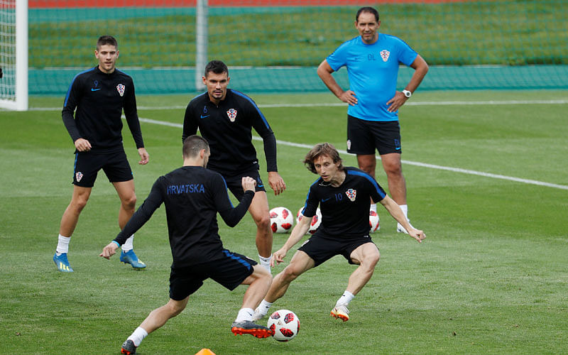 Croatia`s Luka Modric with team mates during training at Luzhniki Training Field, Moscow, Russia on 14 July 2018. Photo: Reuters