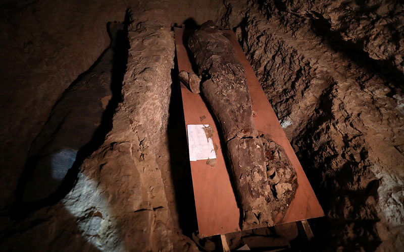 A number of mummies are seen inside the newly discovered burial site near Egypt`s Saqqara necropolis, in Giza Egypt on 14 July. Photo: Reuters