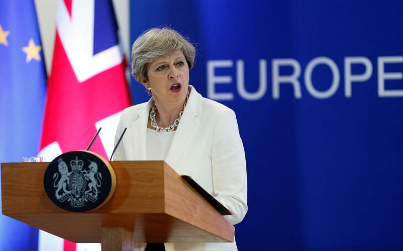 British prime minister Theresa May addresses a news conference at the EU summit in Brussels, Belgium on 23 June 2017. Photo: Reuters