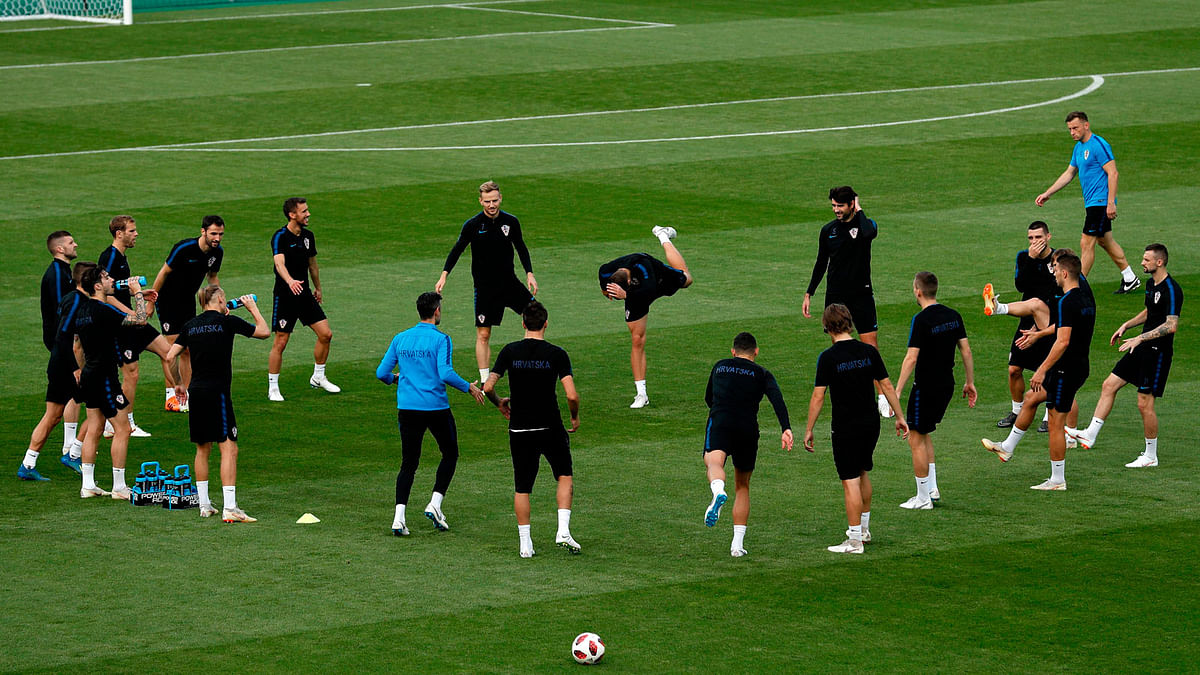 Croatia`s players take part in a training session at the Luzhniki Stadium training field in Moscow on 14 July 2018 on the eve of the Russia 2018 World Cup final football match between France and Croatia. Photo: AFP