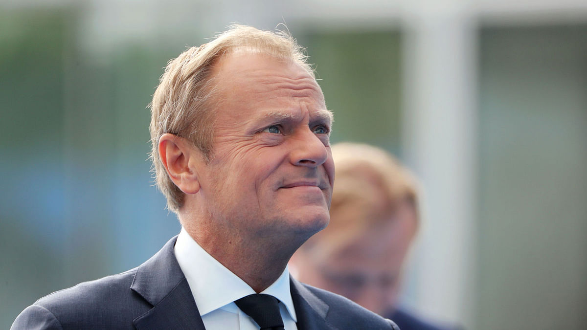 European council president Donald Tusk arrives to attend the second day of the North Atlantic Treaty Organization (NATO) summit in Brussels on 12 July. Photo: AFP