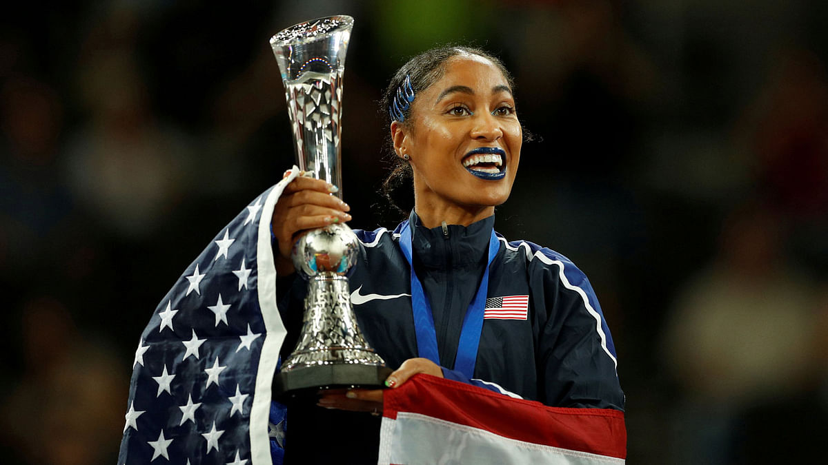 Queen Harrison of the US celebrates winning the World Cup. Reuters