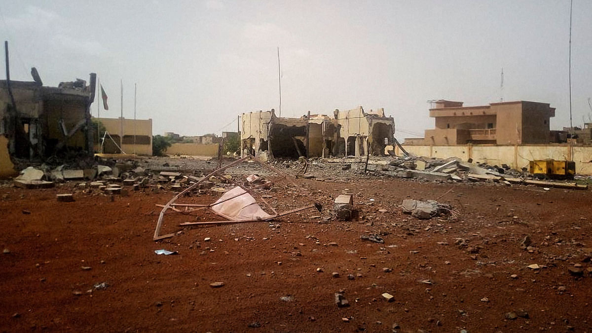 In this file photo taken on 29 June, 2018, in Sevare in central Mali, shows debris scattered in front of the head quarter of the anti-terror task force, the G5 Sahel, after an attack of a suicide bomber who tried to penetrate the base. Photo: AFP