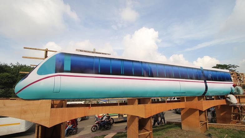 The photo, taken from SAARC Fountain area of Dhaka on 17 July, shows a replica of metrorail. Ruling Bangladesh Awami League is set to give prime minister and the party president Sheikh Hasina a mass reception at Suhrawardy Udyan in Dhaka on 21 July. Photo: Abdus Salam