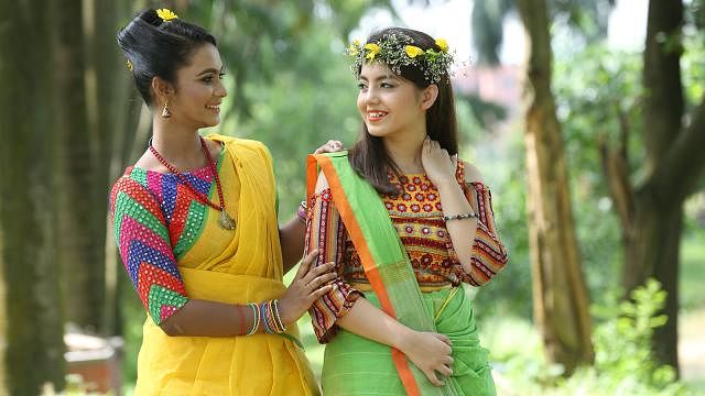 Girls love saris for festivity and fun. Model: Madhurima and Fiza. Sari: Deshal. Photo: Kabir Hossain
