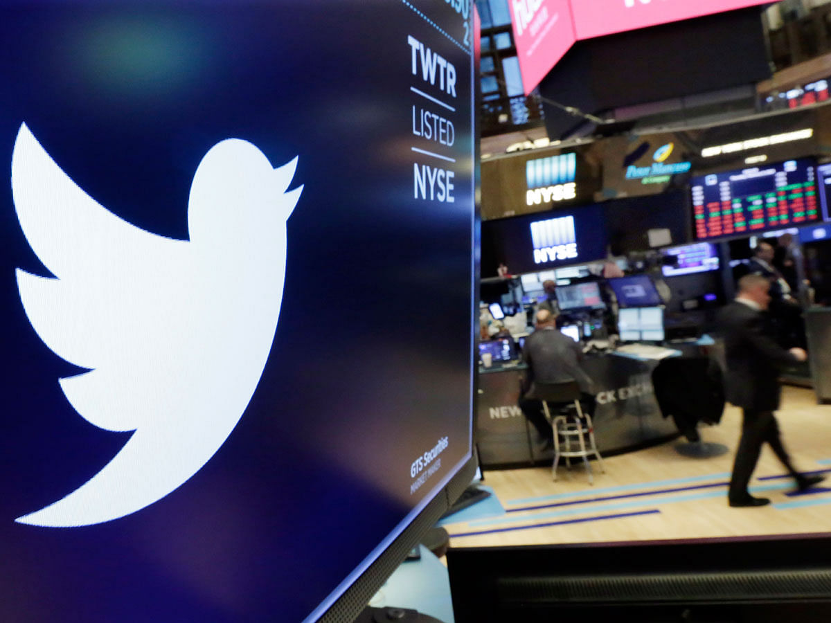 In this 8 February, 2018 file photo, the logo for Twitter is displayed above a trading post on the floor of the New York Stock Exchange. Photo: AP