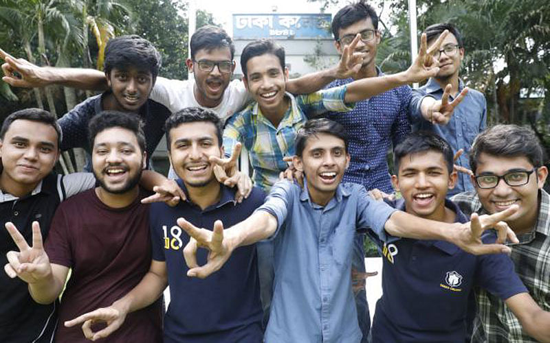 Students of Dhaka College rejoice after receiving results. Photo: Dipu Malakar