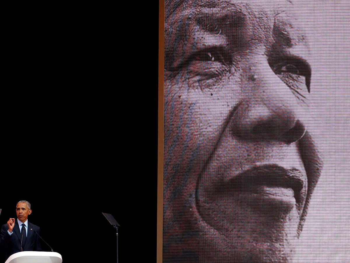 Former US president Barack Obama delivers the 16th Nelson Mandela annual lecture, marking the centenary of the anti-apartheid leader`s birth, in Johannesburg, South Africa on 17 July 2018. Photo: Reuters