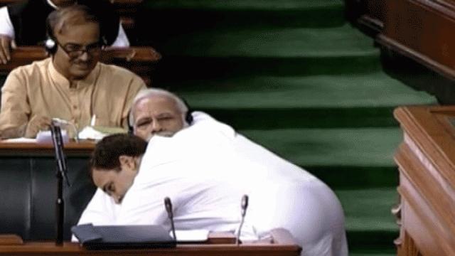 Indian opposition leader Rahul Gandhi hugged prime minister Narendra Modi during a heated debate in parliament on Friday. Photo: Collected