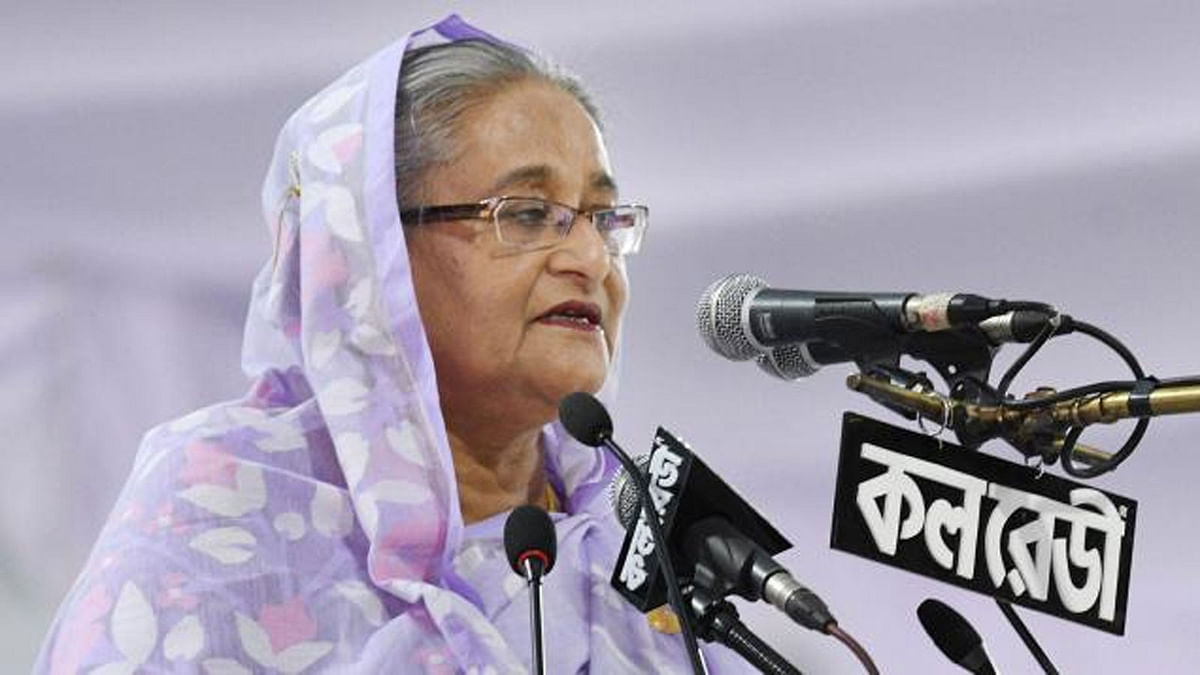 Prime minister Sheikh Hasina addresses reception rally at Suhrawardy Udyan. Photo: Focus Bangla
