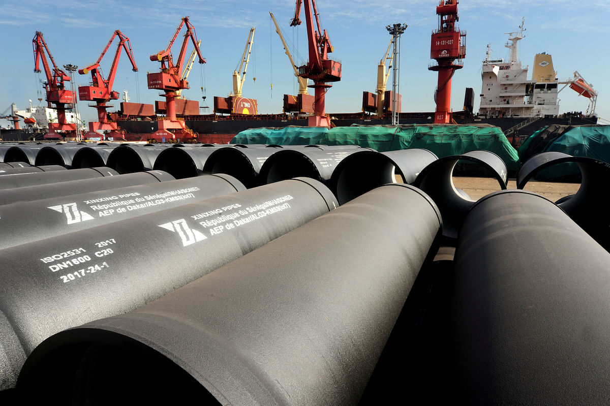 Steel pipes to be exported are seen at a port in Lianyungang, Jiangsu province, China on 31 May 2018. Photo: Reuters