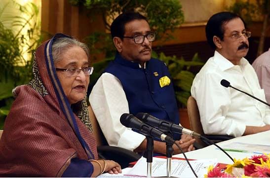 Awami League president, prime minister Sheikh Hasina is seen addressing a party meeting at Ganabhaban on Monday