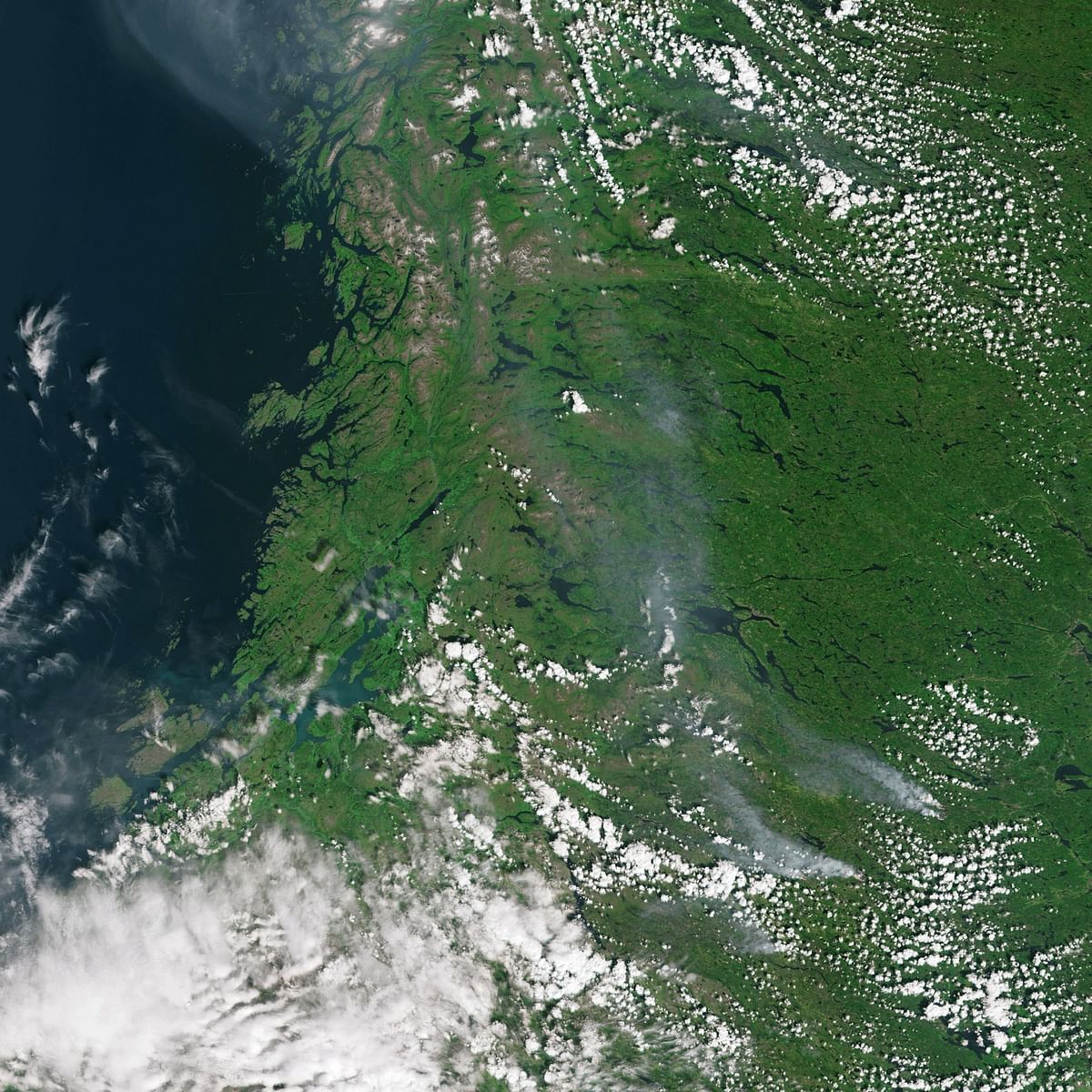This handout picture obtained from the European Space Agency (ESA) on July 23, 2018 from the Copernicus Sentinel-2 mission was captured on July 17, 2018 and shows a detailed view of flames and smoke from two of the fires, along with smoke from other fires in Sweden.