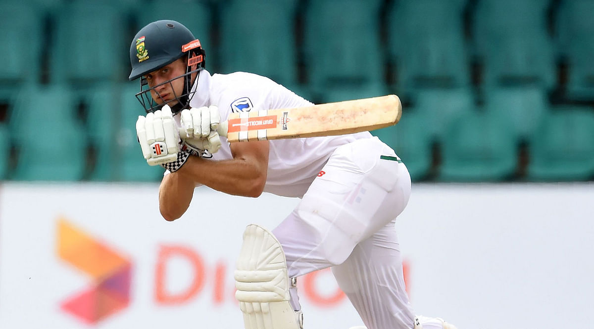 South Africa`s Theunis de Bruyn plays a shot during the fourth day of the second Test match between Sri Lanka and South Africa at the Sinhalese Sports Club (SSC) international cricket stadium in Colombo on 23 July 2018. -- AFP
