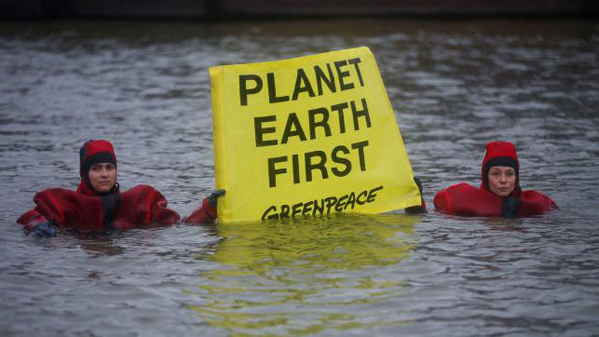 Greenpeace activists protest ahead of the upcoming G20 summit in Hamburg Hansaport. Reuters
