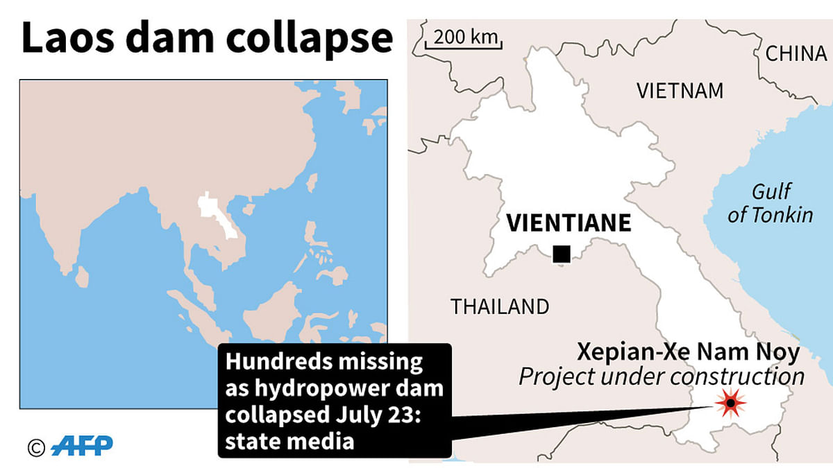 Map of Laos locating a dam collapse. Photo: AFP