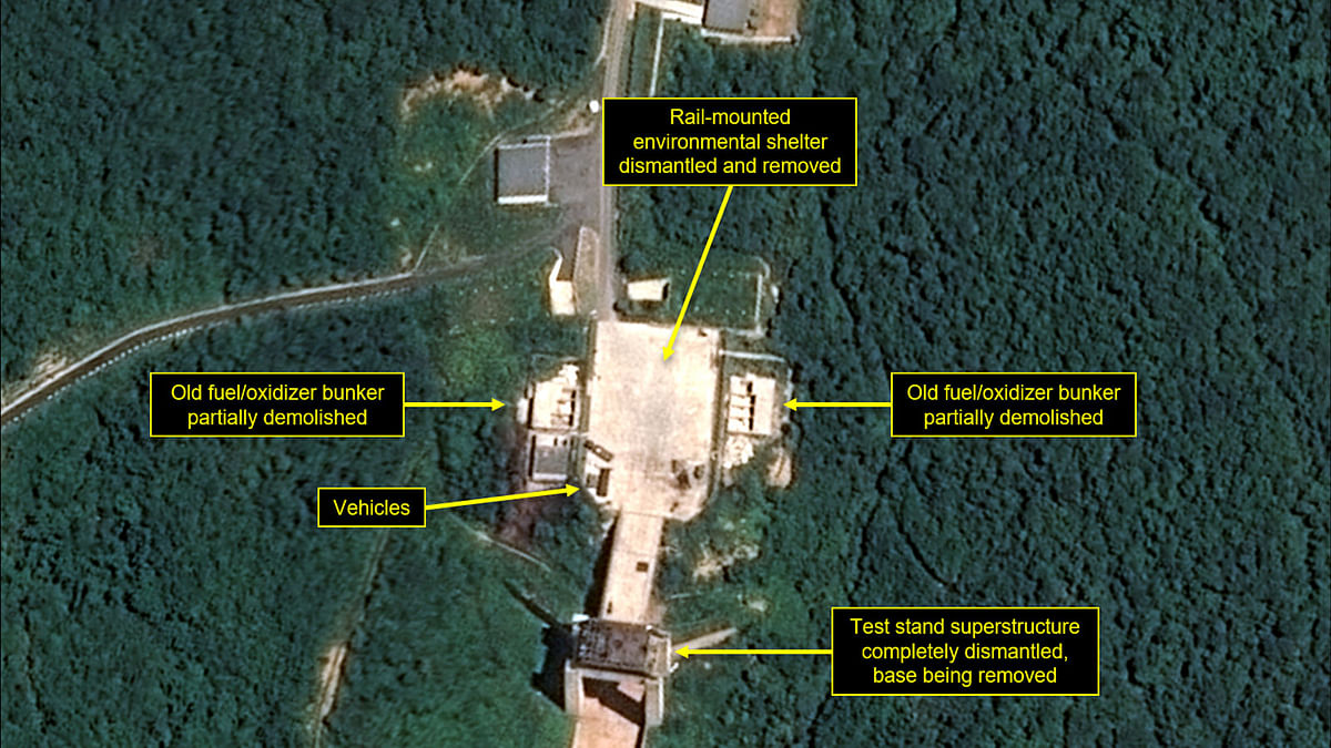 Satellite image courtesy Airbus Defense and Space and 38 North dated 22 July shows the apparent dismantling of facilities at the Sohae satellite launching station, North Korea
