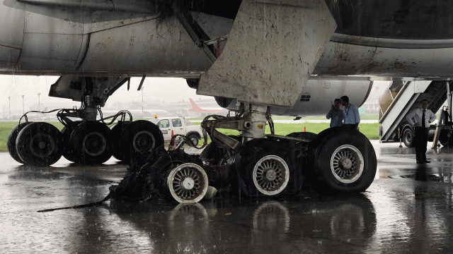 All tyres of the right wheel of a Thai Airways plane blast during landing at Hazrat Shahjalal International Airport in Dhaka on Tuesday. Photo: Collected/Prothom Alo