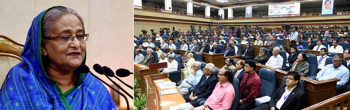 Prime minister Sheikh Hasina addresses a programme organised to handover Prime Minister Gold Medal 2017, awarded by the University Grants Commission (UGC), at the Prime Minister's Office (PMO) in Dhaka on 25 July. Photo: BSS